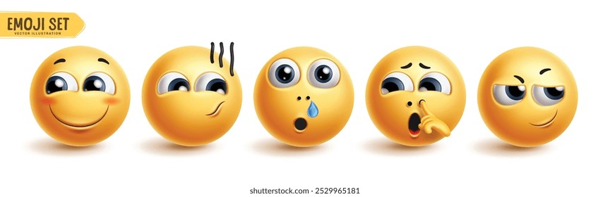 Conjunto de Vector de personajes traviesos Emoji. Emojis colección de personaje de icono amarillo 3d en expresión facial de emoticono feliz, tonto, aburrido y grosero en fondo aislado blanco. Ilustración vectorial para gráficos