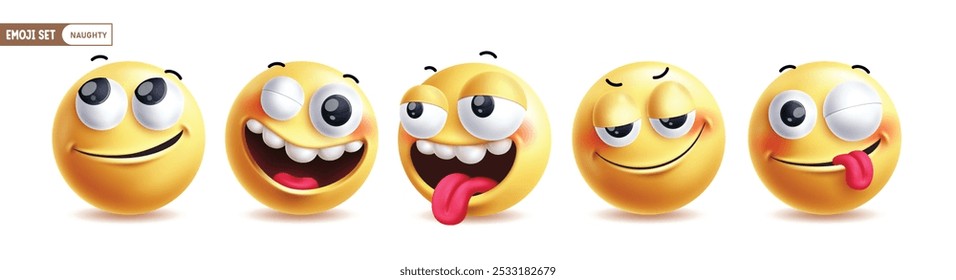 Conjunto de vetores de caracteres impertinentes Emoji. Emojis 3d emoticon personagem em feliz, piscando, rude, bobo e louco coleção de expressão facial em fundo branco. Ilustração vetorial amarela impertinente