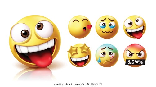 Conjunto de vetor de caracteres emoticon impertinente Emoji. Emojis engraçado, feliz, alegre e reações brincalhonas com beijo voador, chorando, impertinente, olho de estrela, doente e irritado coleção de personagens ícone amarelo. Vetor 