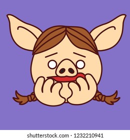 emoji with nervous pig gal with pigtails that bites her nails, simple hand drawn emoticon, simplistic colorful picture, vector art with pig-like characters