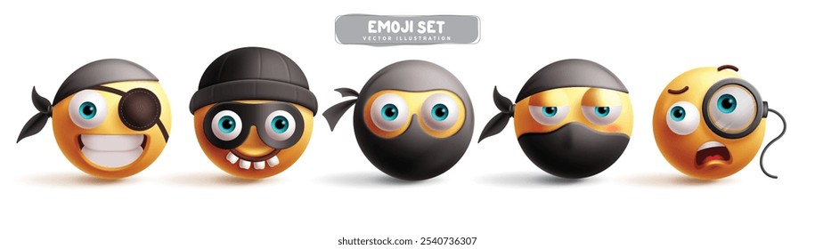 Conjunto de Vector de personajes ninja de emoji. Emojis emoticonos como pirata, ladrón, ladrón, villano y criminal con máscara de personaje colección de icono amarillo. Ilustración vectorial emoticonos ninja Diseño gráfico 