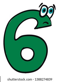 Emoji of the number six in green color with two bulging eyes express sadness  vector  color drawing or illustration