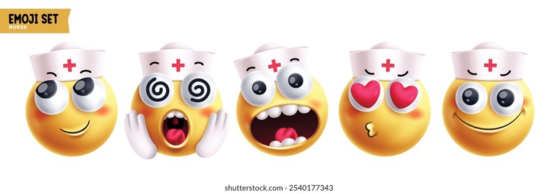 Conjunto de Vector de personajes de emoticonos de enfermera de emoji. Emojis doctor personaje en amigable, feliz, cariñoso, enamorado, shock y mareado emoticonos cara 3d ronda cuidado dador Elementos colección. Ilustración vectorial 