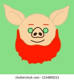 emoji with old & bald redhead pig man with a heavy beard and green eyes, simple hand drawn emoticon, simplistic colorful picture, vector art with pig-like characters