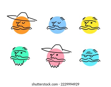 Emoji old man doodle faces set, round flat black line simple cartoon style, elderly person