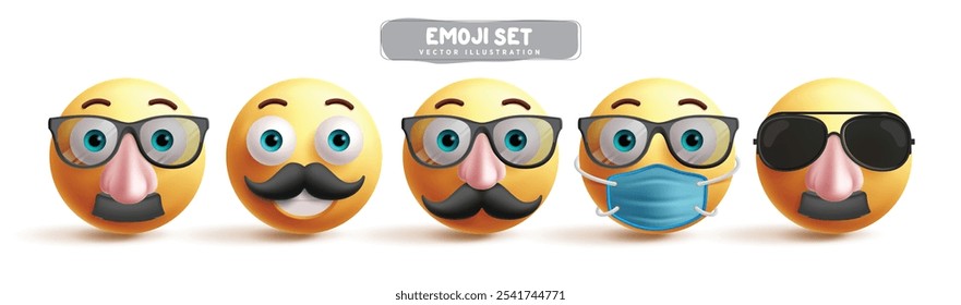 Emoji velho emoticon caracteres conjunto vetor. Emojis disfarça mascote com bigode usando óculos escuros e máscara facial para elementos gráficos em fundo branco. Emojis antigos de ilustração de vetor 