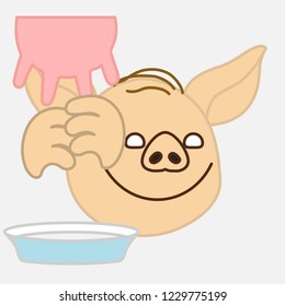 Emoji With Old Pig Man Farmer & Milker That Is Hand Milking A Cow Or Goat Udder Teats With His Fingers To Squirt The Milk Into A Bucket, Simplistic Colorful Picture, Simple Handdrawn Illustration