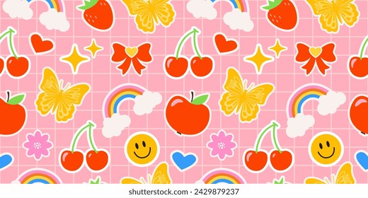 Emoji on a checkered pink background. Children's pattern with bright elements in the form of stickers. Groovy hippie pattern. Labels. Rainbow, flower, sparkle, heart, butterfly, bows, and cherry.