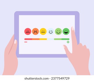 Emoji on screen hand holding, interface optimisation for banner and website for tablet concept. Social network vector illustration