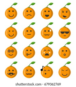 Emoji orange set. Orange icons on the white background. Flat cartoon style. Vector illustration.
