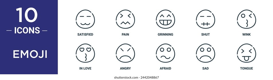 emoji outline icon set includes thin line satisfied, pain, grinning, shut, wink, in love, angry icons for report, presentation, diagram, web design