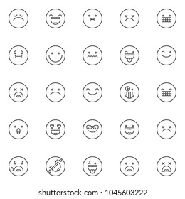 Emoji outline icons set. linear style symbols collection, line signs pack. vector graphics. Set includes icons as arrogant face emoticon, smiling face with open mouth and smiling eyes emoticon, angry