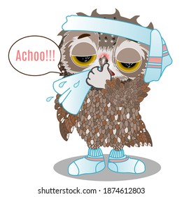 emoji owl with a bandaged head with a towel and woolen socks says achoo, sneezes his snots or blows his nose using a handkerchief, hand drawn emoticon