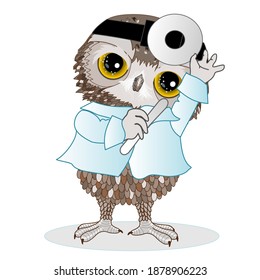 emoji with owl ENT or ear, nose and throat medical doctor prepares his head mirror device to examine and diagnose patient, hand drawn emoticon