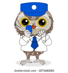 emoji with owl security or surveillance watchman, train station dispatcher or traffic controller in uniform, white collar shirt and a tie shouting into a loudspeaker while squeezing cord