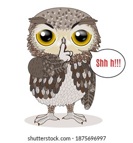 emoji with owl shushing shh h to politely tell people to shut up and be quiet to keep silence, eagle-owl using finger on mouth gesture to stop talking