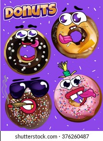 Emoji pack, emoticons vector donuts 