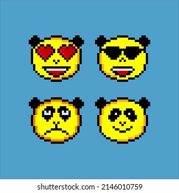 Emoji or panda emoticon face icon in pixel art. Vector illustration.