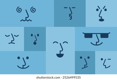 Emoji pattern background with rectangle abstract faces. Blue background for cover in emotional intellect, fun, children area of use.