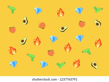 Emoji pattern yellow background vector with fire diamonds peaches waterguns and avocados