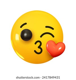 Emoji Person sending air kiss to red heart. Emotion 3d cartoon icon. Yellow round emoticon. Vector illustration