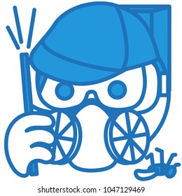 emoji with pest control professional wearing safety goggles, protective gas mask & a baseball cap, exterminator of insects with insecticide tank and a sprayer, dead fly lying on the floor, eps 10
