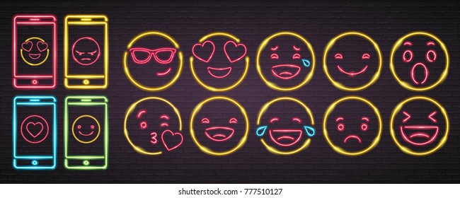 Emoji And Phone Set Symbols Signs Neon Light Glowing Vector Graphic Illustration Bright