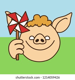 emoji with pig boy playing with a windmill or pinwheel toy that is spinned by wind, simplistic colorful picture, simple handdrawn illustration, vector art with pig-like characters