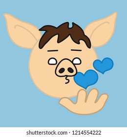 emoji with pig boy or young man that is blowing an air kiss with his lips and throwing hearts from his hand, simplistic colorful picture, simple handdrawn illustration, eps 10 vector clip art