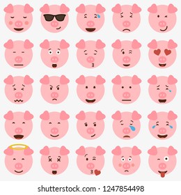 Emoji pig character icon set with different emotions. Vector illustration isolated over white background