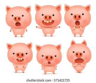 Emoji pig character icon set with different emotions. Vector illustration isolated over white background