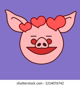 emoji with pig character that can't get you out of his head with love symbols of hearts flying around his face which represent the feeling of falling in love, simple hand drawn emoticon