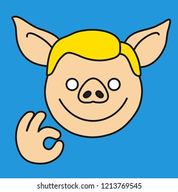 emoji with pig character that is showing ok or okay gesture with thumb touching the index finger, okey gesture that means everything is alright, simple hand drawn emoticon, eps 10 vector clip art