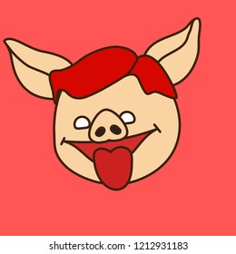 emoji with pig character that is sticking tongue out in jest or licking something with cheeky smiling face, simple hand drawn emoticon, simplistic colorful picture, vector art with pig-like characters