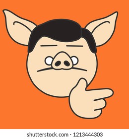 emoji with pig character that is telling someone to get out of classroom with get away gesture by pointing his index finger to exit door, simple hand drawn emoticon, simplistic colorful picture