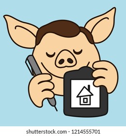 emoji with pig digital artist that shows his drawing or illustration at graphics tablet or digitizer while holding a pen in his hand, simplistic colorful picture, vector art with pig-like characters