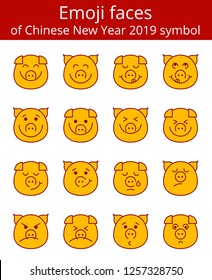 Emoji pig faces vector line icon set. Happy Chinese new year 2019 outline concept symbols. The emoticon of yellow pigs characters, emotions and smiles illustration, linear icons isolated on white.