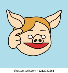 emoji with pig guy that is doing finger to temple gesture that means think before you type or use your head or even don't be stupid, simple hand drawn emoticon, simplistic colorful picture