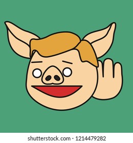 emoji with pig guy that is overhearing the conversation or listening to someone talking or just spying, simple hand drawn emoticon, simplistic colorful picture, vector art with pig-like characters