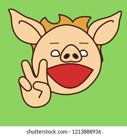 emoji with pig guy that is showing a "V for victory" or "peace" gesture with three fingers, simple hand drawn emoticon, simplistic colorful picture, vector art with pig-like characters