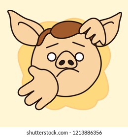 emoji with pig guy that is shrugging his shoulders and showing that he has no idea about something, simple hand drawn emoticon, simplistic colorful picture, vector art with pig-like characters