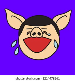 emoji with pig guy whos face is expressing laughter or joy, happily crying character, simple hand drawn emoticon, simplistic colorful picture, vector art with pig-like characters