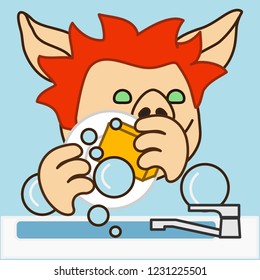 emoji with pig husband that is washing dishes using sponge in a sink filled with soap foam, man at house work in the kitchen surrounded by bubbles, simple hand drawn emoticon, eps 10 vector clip art