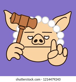 emoji with pig jury that is wearing a wig and pointing his finger up while holding a gavel hammer, vector emoji drawn by hand in color, simplistic colorful picture, simple handdrawn illustration