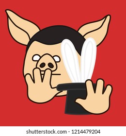 emoji with pig magician that shows a focus with his top hat and a rabbit, illusionist pulls ears of the hare from the tall hat, wizard shows a trick with hand gestures, simplistic colorful picture