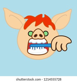 emoji with pig man with open mouth that is brushing teeth using a toothbrush and a toothpaste, vector emoji drawn by hand in color, simplistic colorful picture, simple handdrawn illustration