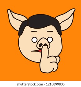 emoji with pig man saying "Shhh" by using finger on mouth gesture to stop people talking or politely telling them to shut up & be quiet to keep silence, simple hand drawn emoticon