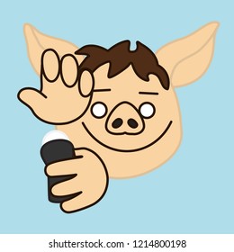 emoji with pig man that is applying antiperspirant to armpits or underarms to eliminate his scent or bad smell & stop sweating & perspiration, deodorant or body spray usage, simple hand drawn emoticon
