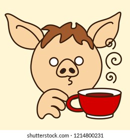 emoji with pig man that is blowing on hot tea or coffee cup to cool or chill the steaming drink, vector emoji drawn by hand in color, simplistic colorful picture, simple handdrawn illustration