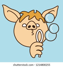 emoji with pig man that is blowing soap bubbles, fun game with soapy water and a ring, simple hand drawn emoticon, simplistic colorful picture, vector art with pig-like characters